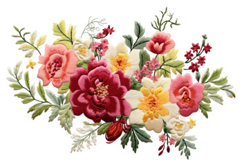 PNG  Bouquet of flowers in embroidery style pattern plant art.