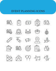 Event planning icon set. Icons in linear style collection.