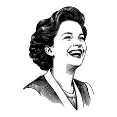 Woman Joyfully Laughing Expressive Face in Vintage Proper Dress Classic Hairstyle Black and White Outline Line Art Drawing