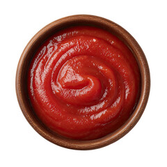 Overhead close-up shot of a dark-brown wooden bowl filled with a generous swirl of vibrant red tomato ketchup.  The smooth, glistening sauce appears thick and rich