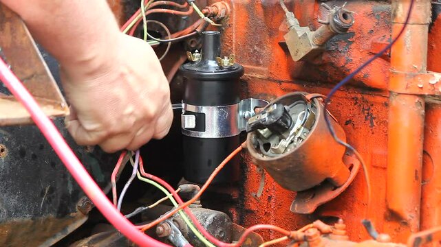 Shiny Ignition Coil On An Old Orange Engine Block Loosened And Tightened By Hand