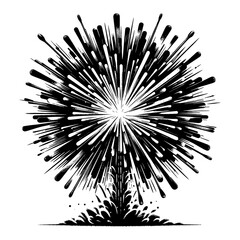 Vintage Firework Explosion Black and White Outline Line Art Drawing with Stylized Radiant Burst