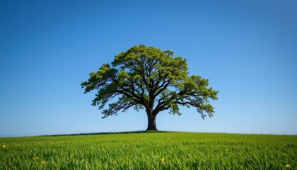 Obraz premium a lone oak sentinel stood tall in a sea of emerald green grass, its branches outstretched like arms towards a cerulean canvas of the boundless sky. the tranquility of nature reigned supreme.