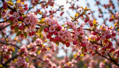 Obraz premium a sunlit tapestry of vibrant plum blossoms, their plump, colorful fruits hanging heavy from the slender branches, bathed in a soft, golden light.