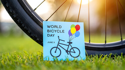 World Bicycle Day: An evocative shot of a bicycle and colorful balloons nestled in lush green grass, with a vibrant message celebrating World Bicycle Day.