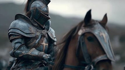 Obraz premium knight in Full Armor riding a horse through a battlefield