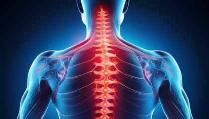medical showing upper spine red pain point and shoulder discomfort area
