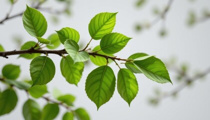 Fototapeta premium a realistic, transparent 3d render showcases a branch adorned with vibrant green leaves on a stark white background, ideal for adding depth and realism to digital designs.
