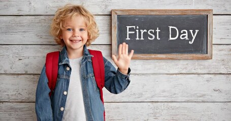 A young boy with a backpack waves happily on his first day of school near a blackboard. - Powered by Adobe