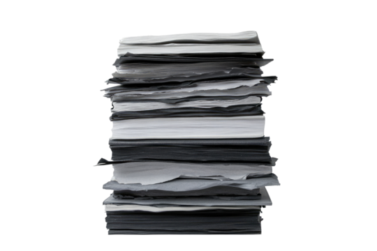 A tall stack of papers, varying shades of gray and white, some sheets appearing crumpled or slightly torn, against a black background. The edges are uneven, suggesting a haphazard collection
