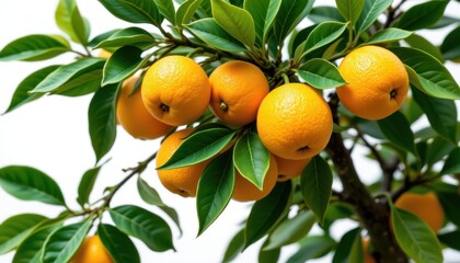 a vibrant citrus tree, its leaves a rich emerald green, its fruit a dazzling gold, against a pristine white background. a 4k png image, ready for your creative projects.