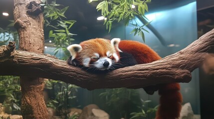 A red panda sleeping peacefully on a tree branch, nestled in its natural habitat