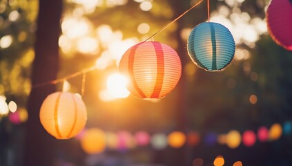 Colorful lanterns sunset park decor.