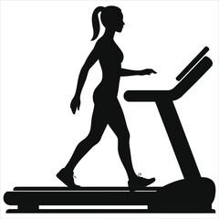 Vector Silhouette of a woman walking on a treadmill/A simple, impactful silhouette of a woman walking on a treadmill against a plain white background.