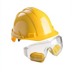 Fototapeta premium Yellow hardhat with clear safety glasses isolated on white background