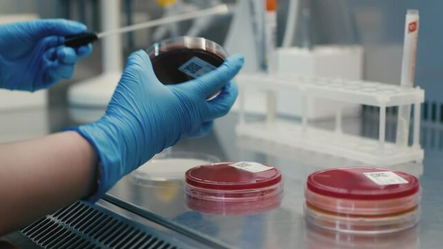 
Bacterial colonies ferment lactose on agar in a microbiology laboratory during an experiment. The concept of studying and diagnosing intestinal infections using specialized culture media.