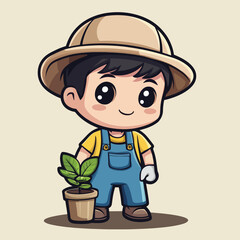 Cartoon Gardener Boy with Bucket Hat Holding Potted Plant