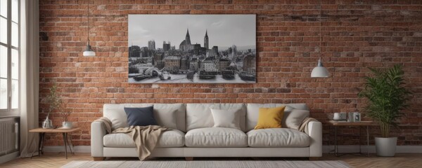 Cozy living room, poster mockup on brick wall with clips, presentation, comfort, art
