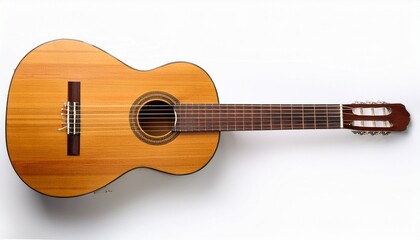 flat lay view of wooden classical nylon string guitar isolated on white background