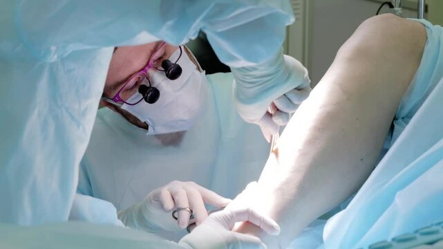Skilled vascular surgeon meticulously operates on a patient's leg, utilizing specialized tools and techniques in a sterile operating room environment