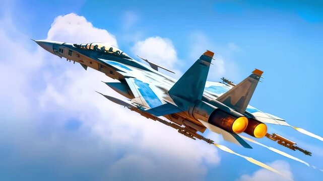 Supersonic Power: Fighter Jet with Afterburner Ignites Sky During High-Speed Military Aviation Flight Among Clouds. 4K Video Animation