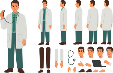  Male doctor, medical worker or therapist in hospital. Character constructor for animation. Front, side and back view set. Body parts, postures, poses collection. Vector illustration.