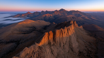 Stunning sunset over rugged mountain range with dramatic rock formations