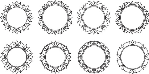 set of round floral frame line art, black outline, vector and illustration, coloring book page line art drawing