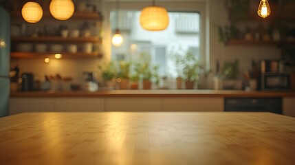 A photograph of a smooth bamboo tabletop, pale finish, angled perspective, blurred kitchen with soft pendant lights and under-cabinet glow, casting a peaceful night scene. Calm, contemporary mood.