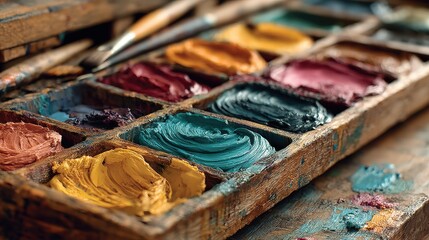 Close-up view of vibrant oil paints on a textured artist palette