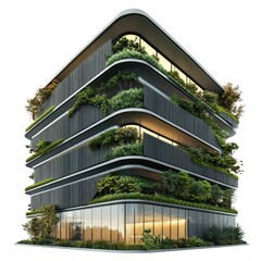 Modern eco friendly building design with lush greenery isolated on white background