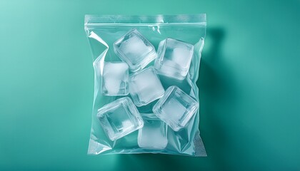 clear plastic bag of ice cubes on light teal background