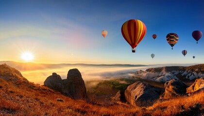 Fototapeta premium hot air balloons floating over scenic landscape at sunrise