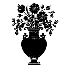 Silhouette illustration of a decorative floral bouquet in an ornate vase, featuring various blooming flowers and foliage, isolated on white background with intricate, vintage-style detailing.