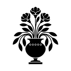 Silhouette illustration of a decorative floral bouquet in an ornate vase, featuring various blooming flowers and foliage, isolated on white background with intricate, vintage-style detailing.