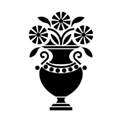 Silhouette illustration of a decorative floral bouquet in an ornate vase, featuring various blooming flowers and foliage, isolated on white background with intricate, vintage-style detailing.