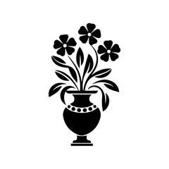 Silhouette illustration of a decorative floral bouquet in an ornate vase, featuring various blooming flowers and foliage, isolated on white background with intricate, vintage-style detailing.