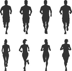Fototapeta premium Set silhouettes of male and female runners isolated on transparent background. Vector illustration