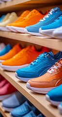 Colorful sneakers on store shelves.