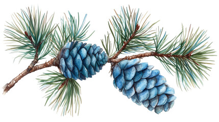 Watercolor Illustration of Fir Branch and Blue Cones Isolated on PNG transparent background
