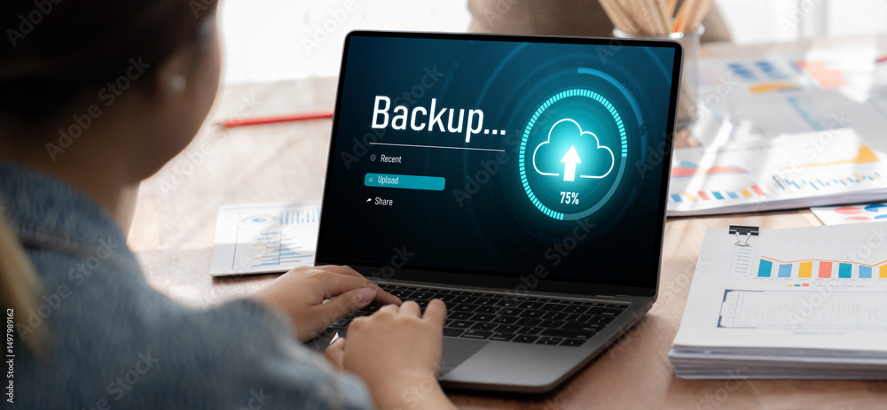 Fototapete Backup Storage Data Internet Technology Business concept. Database storage cloud technology file data transfer sharing, cyber, big data information, internet banking application download upload brisk