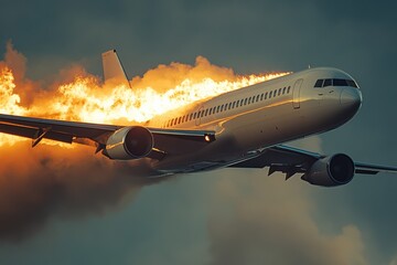 Airplane emergency as flames erupt from the tail during flight over a cloudy sky