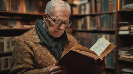 Elderly man reading a book in a cozy library surrounded by vintage shelves and books on a quiet afternoon