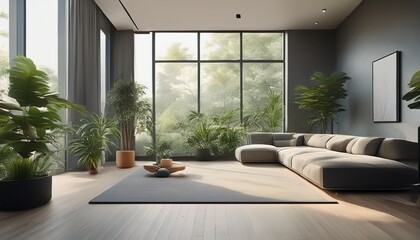 Fototapeta premium this modern space embodies minimalist style complete with a large window a grey area rug and various plants
