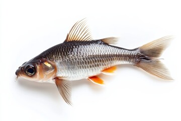 Obraz premium Freshwater fish with shimmering scales and vibrant orange accents displayed on a white background in a natural light setting