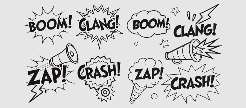 Comic boom cartoon effect line element set. Comic speech bubble pow, boom text, explosive splash smoke, wow cartoon vector icon. Hand drawn sketch doodle explosive element. Vector illustration. EPS
