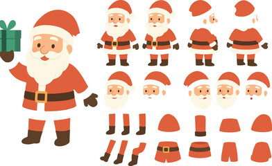  Santa Claus holiday character constructor for animation. Front, side and back view set. Body parts, postures, poses collection. Vector illustration