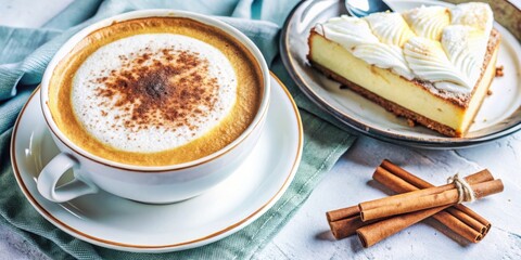 A cup of coffee with cinnamon sprinkled on top, a slice of cheesecake, and cinnamon sticks on a table with a blue napkin