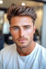 Obraz premium Young man with stylish hairstyle and captivating blue eyes posing in a casual setting, showcasing modern fashion and confidence