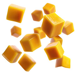 A cluster of vibrant, amber-hued, cube-shaped candies, seemingly floating against a stark black backdrop, displaying glossy surfaces and suggestive of caramel or butterscotch